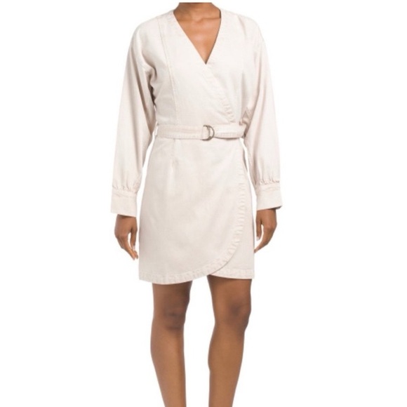 🐚 YOUNG FABULOUS & BROKE OATMEAL VOLUMINOUS LONG SLEEVE WRAP AROUND MINI DRESS! - Picture 15 of 16